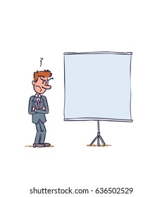 businessman showing something. The character is angry, sad, and grumpy. Vector illustration to isolated and funny cartoon character.
