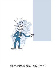 businessman showing something. The character is angry, sad, and grumpy. Vector illustration to isolated and funny cartoon character.