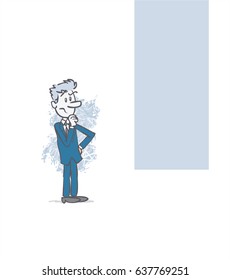 businessman showing something. The character is doubting. Vector illustration to isolated and funny cartoon character.