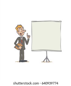 businessman showing something. The character holds a report and keeps a positive attitude. Vector illustration to isolated and funny cartoon character.