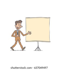 businessman showing something. The character keeps a positive attitude. Vector illustration to isolated and funny cartoon character.