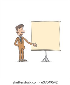businessman showing something. The character keeps a positive attitude. Vector illustration to isolated and funny cartoon character.
