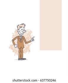 businessman showing something. The character keeps a positive attitude. Vector illustration to isolated and funny cartoon character.