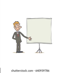 businessman showing something. The character keeps a positive attitude. Vector illustration to isolated and funny cartoon character.