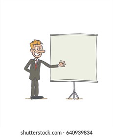 businessman showing something. The character keeps a positive attitude. Vector illustration to isolated and funny cartoon character.