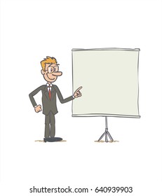 businessman showing something. The character keeps a positive attitude. Vector illustration to isolated and funny cartoon character.