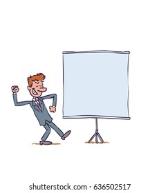 businessman showing something. The character is positive, optimistic and enthusiastic. Vector illustration to isolated and funny cartoon character.
