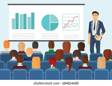 Businessman showing something to people. Vector illustration of man in business style clothes making presentation fof people sitting on chairs in flat cartoon style.