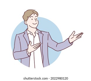 Businessman showing something or presenting project. Hand drawn in thin line style, vector illustrations.