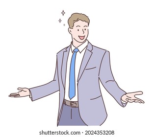 Businessman showing something or presenting project. Businessman smiling and confident. Concept of leadership. Hand drawn in thin line style, vector illustrations.