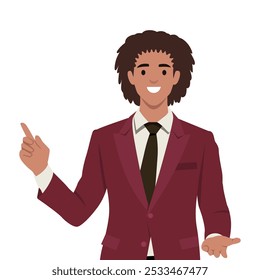 Empresário mostrando algo ou apresentando o projeto. Ilustração de vetor plano isolada no plano de fundo branco