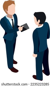 Businessman showing tablet to office manger. Work conversation