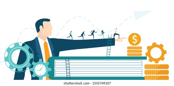 Businessman showing the target and the way to develop business. Little people running towards the success and wage rise. Business concept illustration