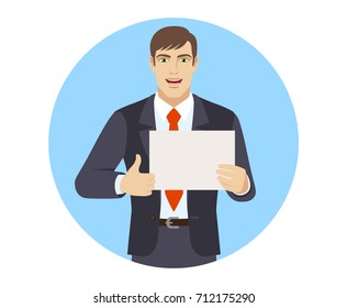 Businessman showing thumb up and showing the blank paper. Portrait of businessman in a flat style. Vector illustration.