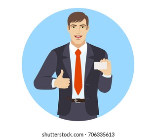 Businessman showing thumb up and showing the business card. Portrait of businessman in a flat style. Vector illustration.