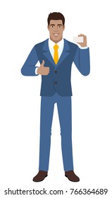 Businessman showing thumb up and showing the business card. Full length portrait of Black Business Man in a flat style. Vector illustration.