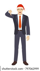 Businessman showing thumb down gesture as rejection symbol. Full length portrait of businessman character in a flat style. Vector illustration.