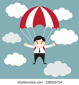  Businessman showing thumb up flyimg with parachute in the sky. Vector illustration. Business concept. Flat design