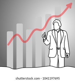 Businessman showing thumb up with graph arrow up vector illustration doodle sketch hand drawn with black lines isolated on gray background. Business concept.