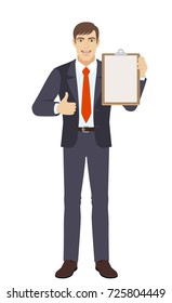 Businessman showing thumb up and holding clipboard. Full length portrait of businessman character in a flat style. Vector illustration.