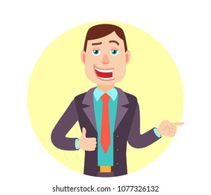 Businessman showing thumb up and pointing something beside of him. Portrait of Cartoon Businessman Character. Vector illustration in a flat style.