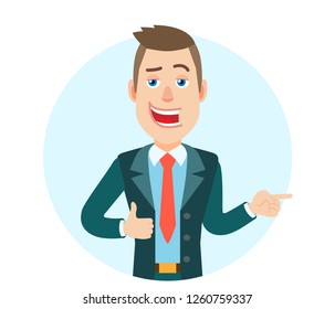 Businessman showing thumb up and pointing something beside of him. Portrait of Cartoon Businessman Character. Vector illustration in a flat style.