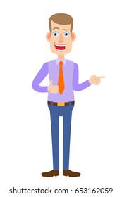 Businessman showing thumb up and pointing something beside of him. Full length portrait of Cartoon Businessman Character. Vector illustration in a flat style.