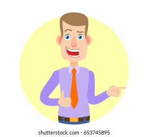 Businessman showing thumb up and pointing something beside of him. Portrait of Cartoon Businessman Character. Vector illustration in a flat style.
