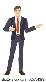 Businessman showing thumb up and pointing somewhere. Full length portrait of businessman character in a flat style. Vector illustration. 