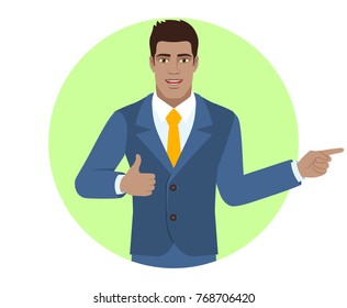 Businessman showing thumb up and pointing somewhere. Portrait of Black Business Man in a flat style. Vector illustration.