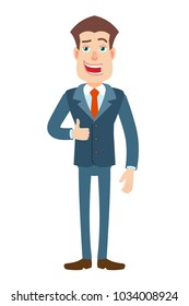 Businessman showing thumb up. Full length portrait of Cartoon Businessman Character. Vector illustration in a flat style.