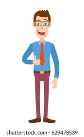 Businessman showing thumb up. Full length portrait of Cartoon Businessman Character. Vector illustration in a flat style.