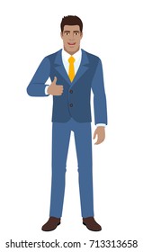 Businessman showing thumb up. Full length portrait of businessman character in a flat style. Vector illustration.