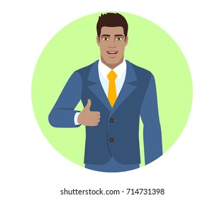 Businessman showing thumb up. Portrait of Black Business Man in a flat style. Vector illustration.