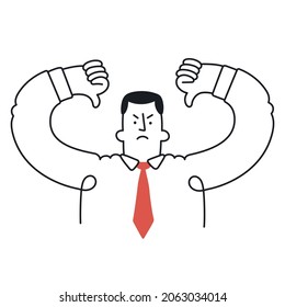Businessman showing thumbs down sign. Outline, linear, thin line, doodle art. Simple style with editable stroke.