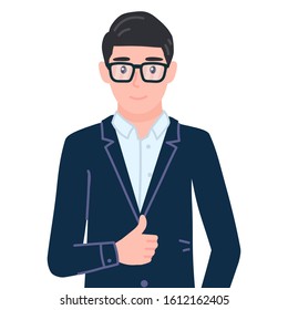 Businessman showing thumbs up sign. Office employee like, cool gesturing. Manager male personage in glasses agree, approve, accept, deal. Isolated vector illustration in cartoon flat style.