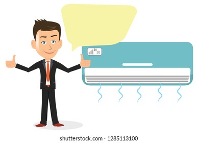 businessman showing thumbs up speech bubble blank empty template in front of air conditioner ac