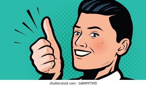 Businessman showing thumbs up. Retro comic pop art vector illustration