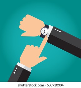 Businessman showing time on his modern watch, with his hands. Vector illustration