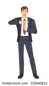 Businessman showing time-out sign with hands. Body language. Full length portrait of businessman in a flat style. Vector illustration.