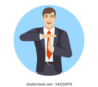 Businessman showing time-out sign with hands. Body language. Portrait of businessman in a flat style. Vector illustration. 