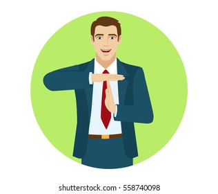 Businessman showing time-out sign with hands. Portrait of businessman in a flat style. Vector illustration.