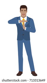 Businessman showing time-out sign with hands. Body language. Full length portrait of businessman in a flat style. Vector illustration.