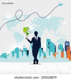 Businessman showing Tree shaped world map with building background. Vector illustration.