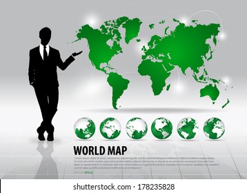 Businessman showing world map and modern green globes, vector illustration