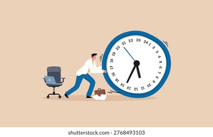 A businessman is shown exerting effort to move a large clock face. illustrating the difficulty of controlling or keeping up with time.