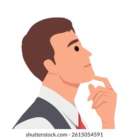 Businessman is shown in a side profile, thoughtfully touching his chin. Flat vector illustration isolated on white background