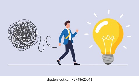 A businessman is shown untangling a complex problem, represented by a tangled line, leading to a bright idea, symbolized by a light bulb.