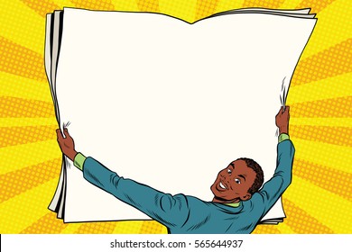 Businessman shows blank paper poster. Pop art retro vector illustration. Copy space background. African American people