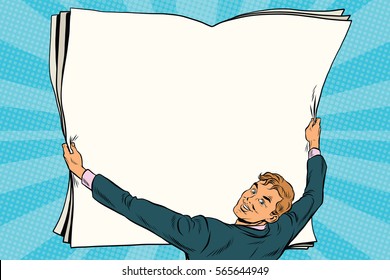 Businessman shows blank paper poster. Pop art retro vector illustration. Copy space background